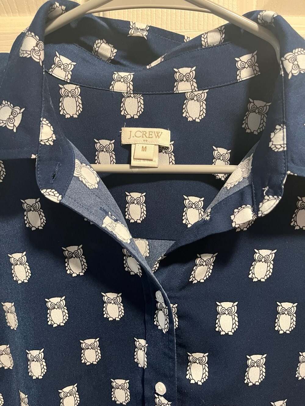 J.Crew Navy Blue Owl Print Silk Long Sleeve Button Down Blouse